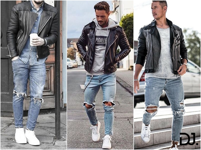 Mix quần jean rách nam với áo khoác da