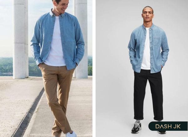 Quần kaki màu be mix áo jacket jean