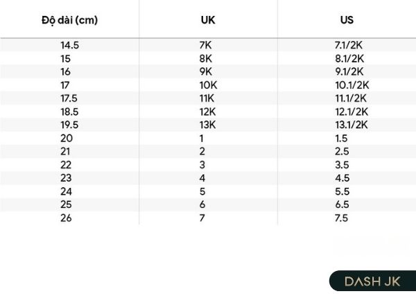 Bảng size Adidas trẻ em