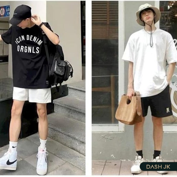 Quần short mix cùng áo phông và giày sneaker