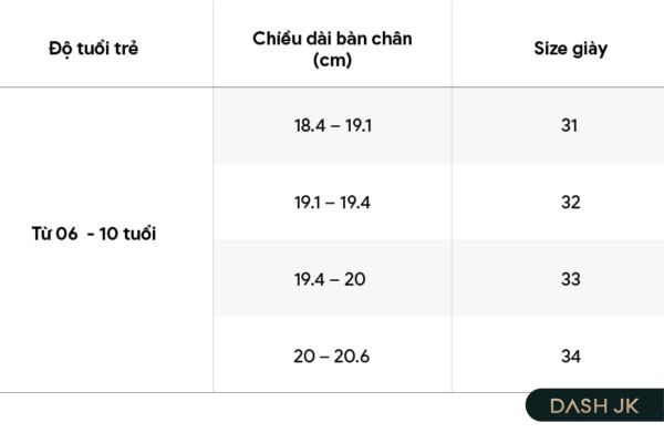 Size giày bitis trẻ em từ 6 tuổi đến 10 tuổi