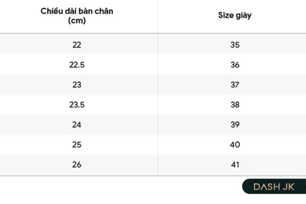 Bảng size bitis cho nữ