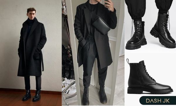 Phối đồ với Combat boots đen với áo blazer len phong cách Hàn Quốc