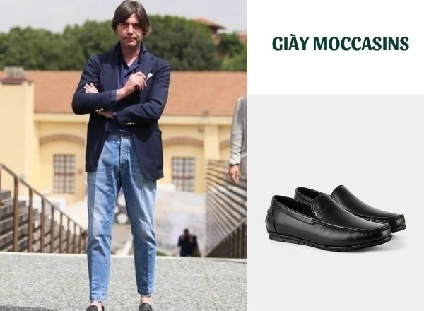 Phối giày giày tây màu đen Moccasins quần jeans áo blazer trẻ trung