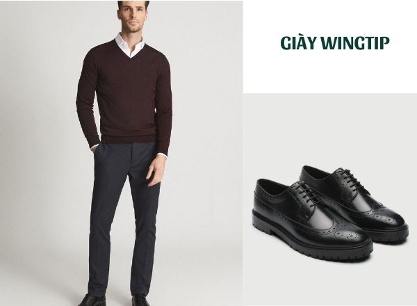 Phối đồ mùa đông với giày Wingtip đen cùng sơ mi cổ đức và áo len