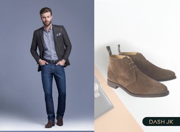 Chukka Boots da lộn phối quần jeans bó và blazer dài ngoại hình ấm áp