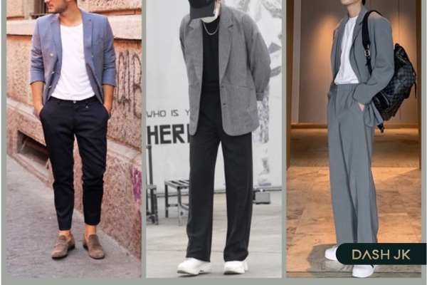 Áo thun kết hợp cùng Blazer khoác ngoài, quần âu cùng Sneaker da năng động