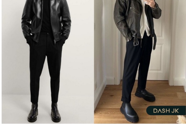 Set đồ đi đám cưới cho nam trẻ trung Áo khoác da phối len cao cổ, quần tây, giày Chelsea boot